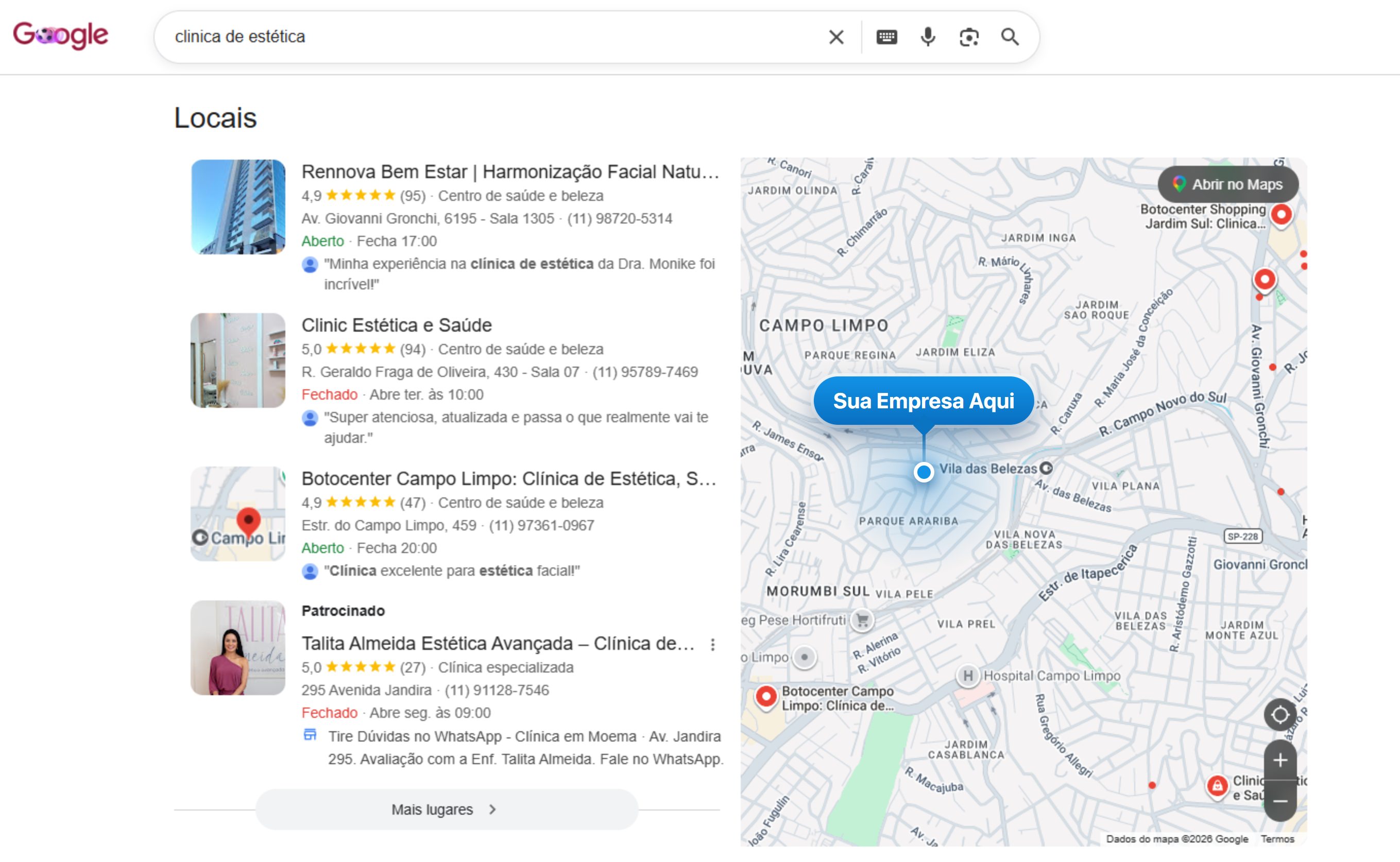 Busca do Google por clínica de estética com mapa local e um marcador destacando o lugar da sua empresa